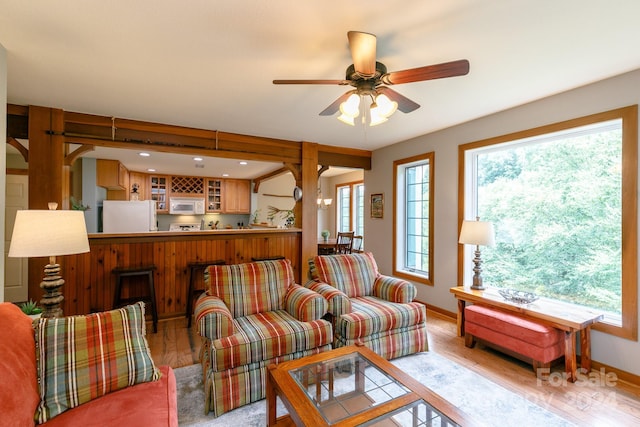 living room featuring a ceiling fan, baseboards, a healthy amount of sunlight, and light wood finished floors