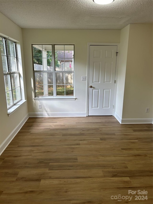 empty room featuring a textured ceiling, a wealth of natural light, and dark wood-type flooring