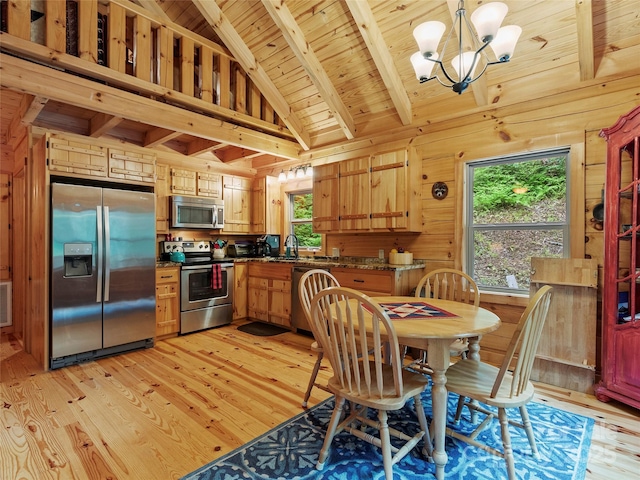 dining space with plenty of natural light, light wood-type flooring, wood ceiling, and wooden walls