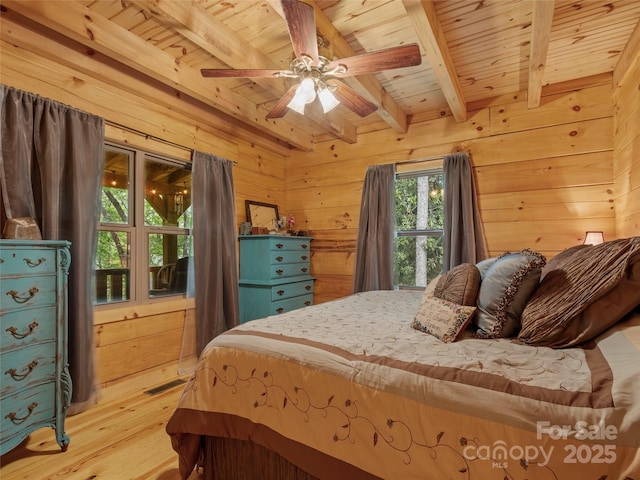 bedroom featuring beam ceiling, wooden ceiling, light hardwood / wood-style floors, and wood walls