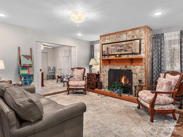 living room featuring a fireplace