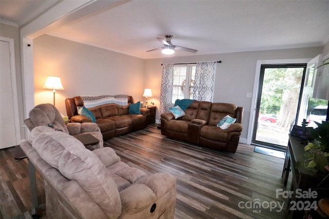 living area featuring ceiling fan and dark wood finished floors