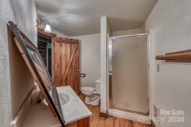 bathroom with a shower with door, vanity, wood-type flooring, and toilet