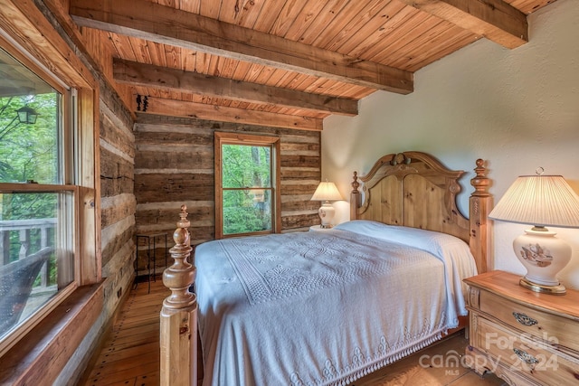 bedroom with rustic walls, wood ceiling, beam ceiling, and wood finished floors