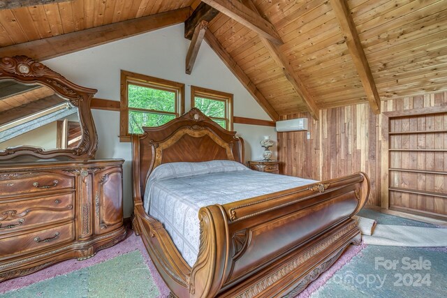 bedroom featuring vaulted ceiling with beams, carpet, wooden ceiling, and wooden walls