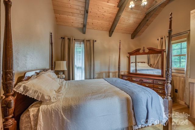 bedroom with lofted ceiling with beams, wood ceiling, and wainscoting