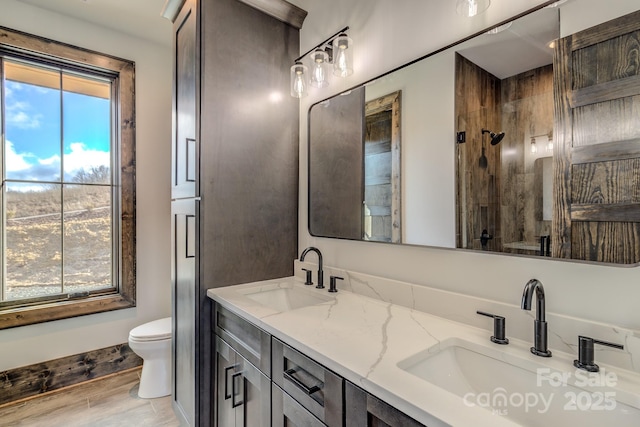 bathroom with wood finished floors, a sink, toilet, and double vanity