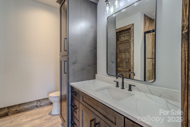 bathroom featuring toilet, wood finished floors, and vanity