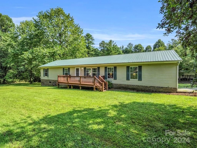 view of front of house featuring a deck, metal roof, crawl space, and a front yard