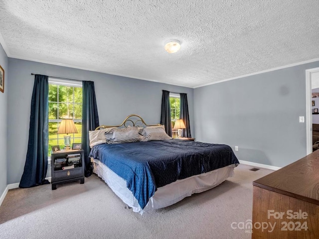 bedroom with a textured ceiling and light carpet