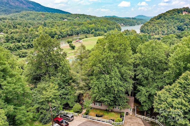 drone / aerial view featuring a water and mountain view