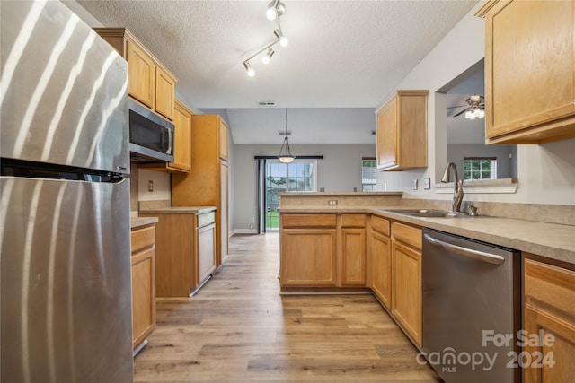 kitchen featuring appliances with stainless steel finishes, light wood-type flooring, a healthy amount of sunlight, and a sink