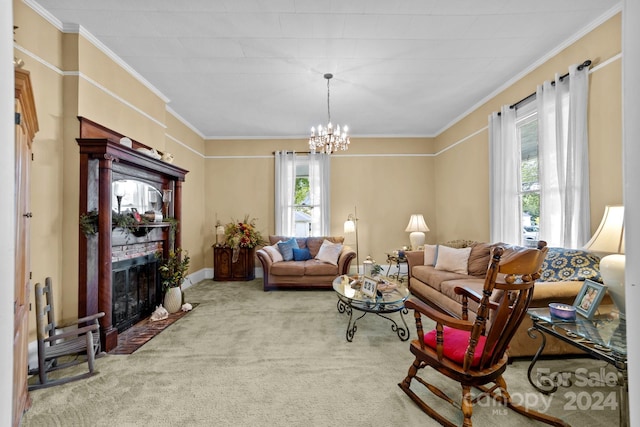 carpeted living room featuring an inviting chandelier and ornamental molding