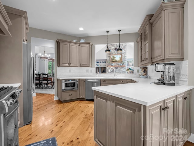 kitchen with backsplash, light wood-type flooring, stainless steel appliances, a chandelier, and pendant lighting