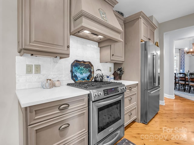 kitchen featuring backsplash, an inviting chandelier, appliances with stainless steel finishes, custom range hood, and light hardwood / wood-style floors