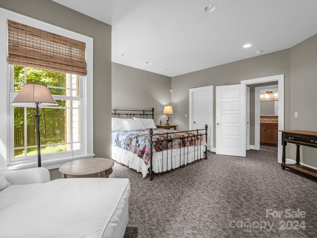 bedroom with multiple windows, carpet, and ensuite bathroom