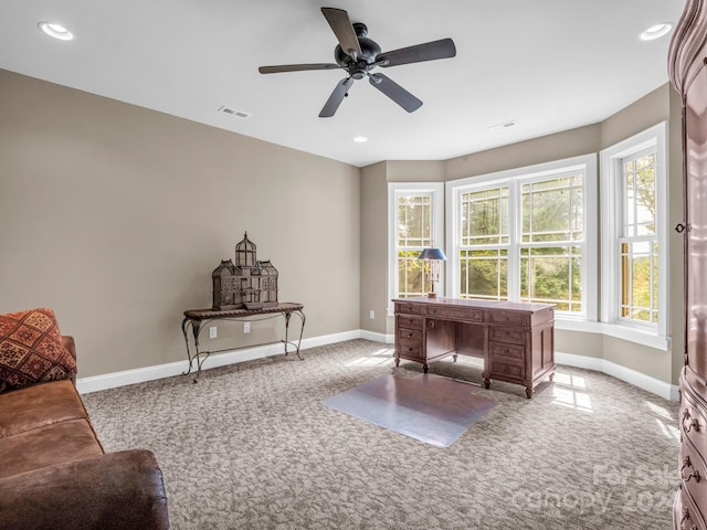 office space featuring ceiling fan, a wealth of natural light, and carpet