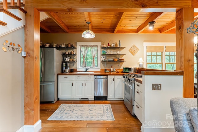 kitchen featuring a sink, wood ceiling, stainless steel appliances, wood counters, and open shelves