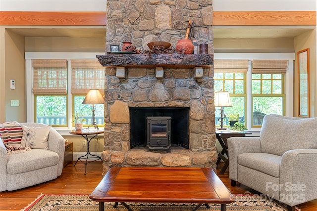 living area featuring a healthy amount of sunlight, wood finished floors, and a wood stove