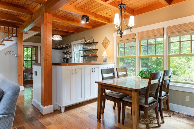 dining room with wood ceiling, light wood-style floors, and a healthy amount of sunlight