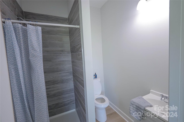 bathroom with hardwood / wood-style flooring, toilet, vanity, and walk in shower