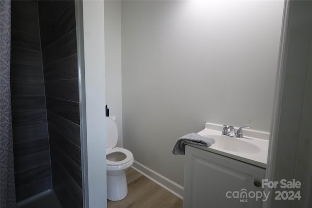 bathroom with vanity, toilet, and hardwood / wood-style floors