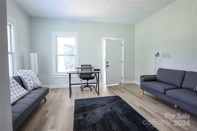 living room with light hardwood / wood-style floors and a textured ceiling