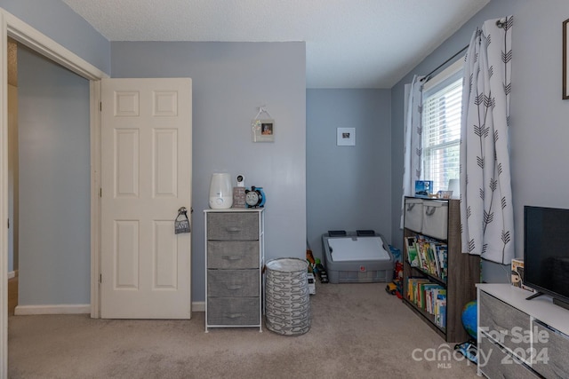 rec room featuring light carpet and a textured ceiling