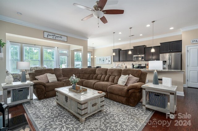 living room with ornamental molding, dark hardwood / wood-style flooring, and ceiling fan