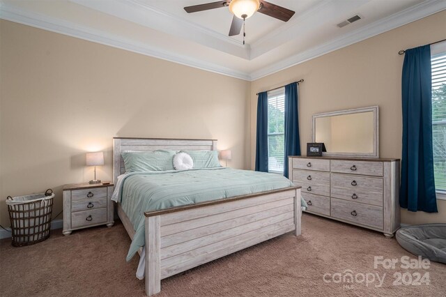 carpeted bedroom featuring ceiling fan, a raised ceiling, and ornamental molding