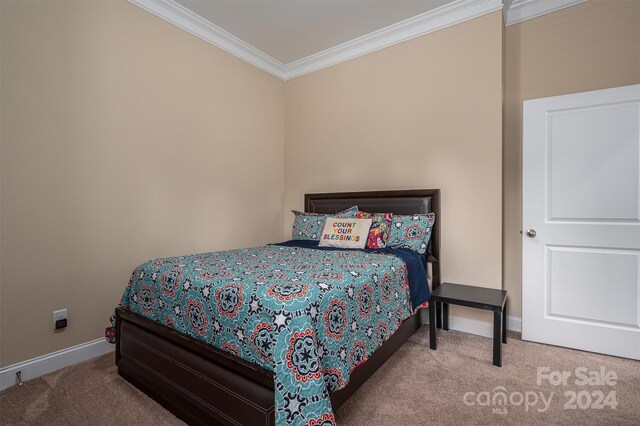 bedroom featuring crown molding and carpet