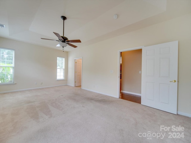 spare room featuring plenty of natural light, carpet, ceiling fan, and a raised ceiling