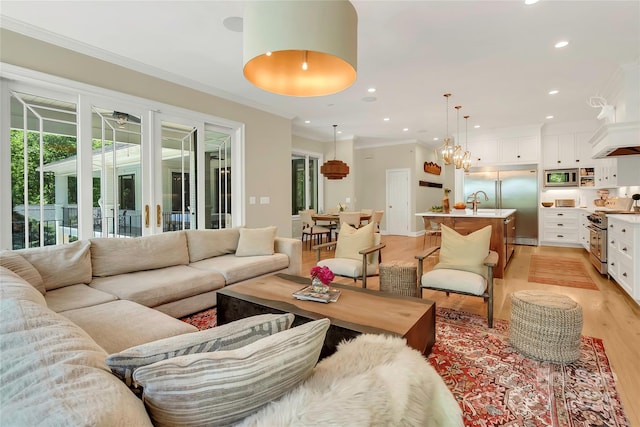 living room with ornamental molding, light hardwood / wood-style flooring, and sink