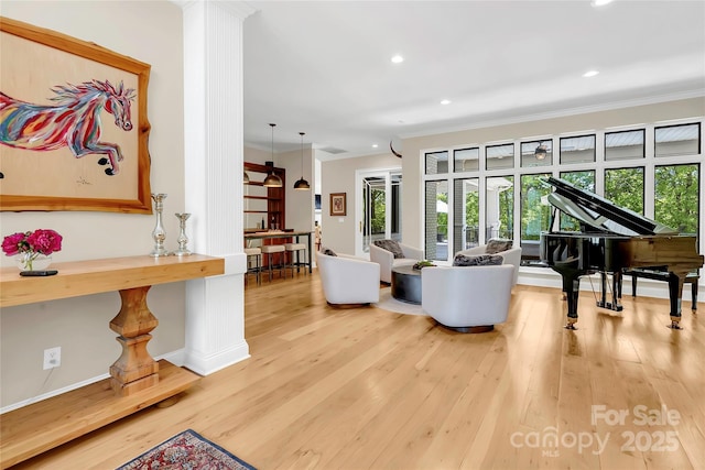 living room with light wood-type flooring and crown molding