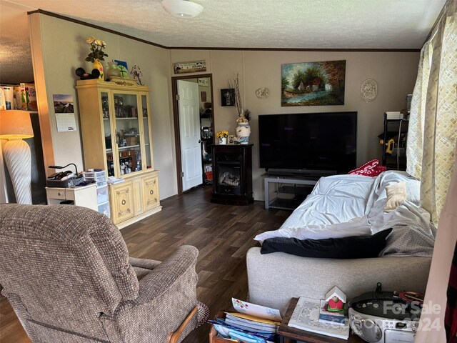 living room featuring ornamental molding, a textured ceiling, and dark hardwood / wood-style floors