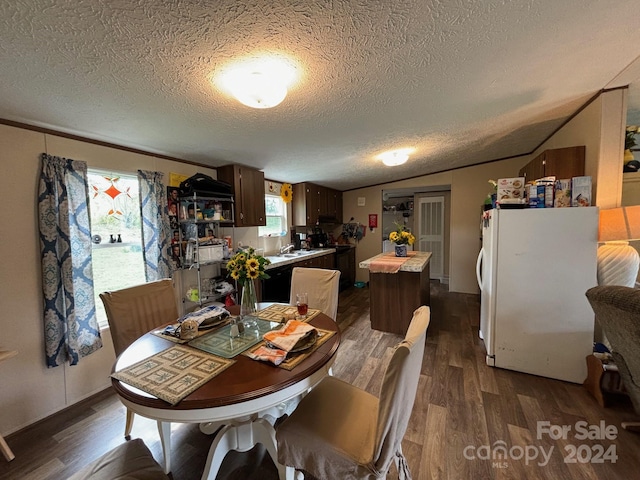 dining area featuring lofted ceiling, dark hardwood / wood-style floors, sink, and a textured ceiling