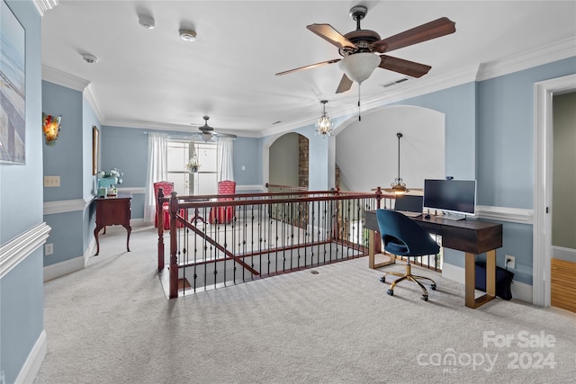 office area with light carpet, ornamental molding, and ceiling fan