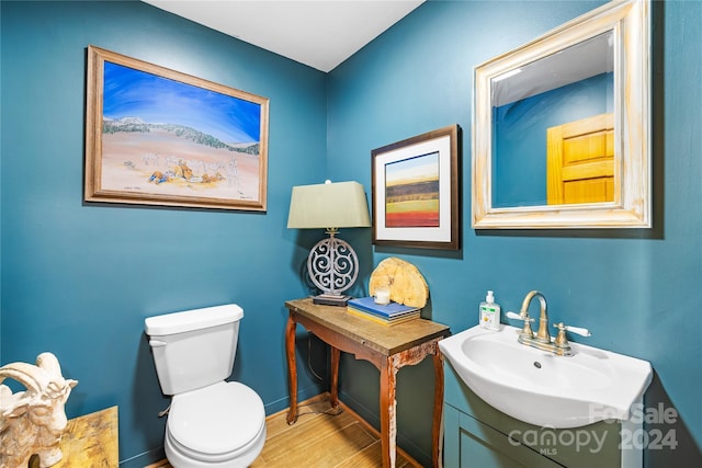 bathroom with vanity, toilet, and hardwood / wood-style floors