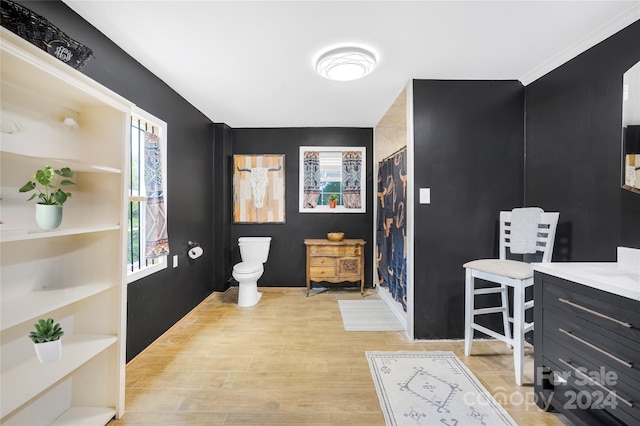 bathroom with a shower with curtain, vanity, toilet, and hardwood / wood-style floors