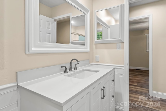 bathroom with vanity and wood-type flooring