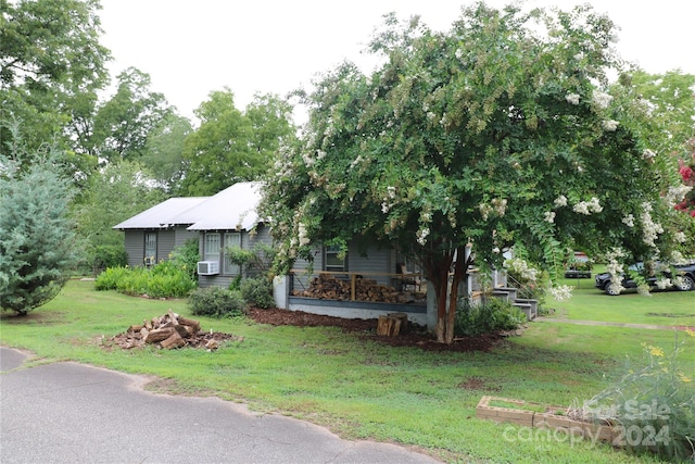 obstructed view of property with a front lawn