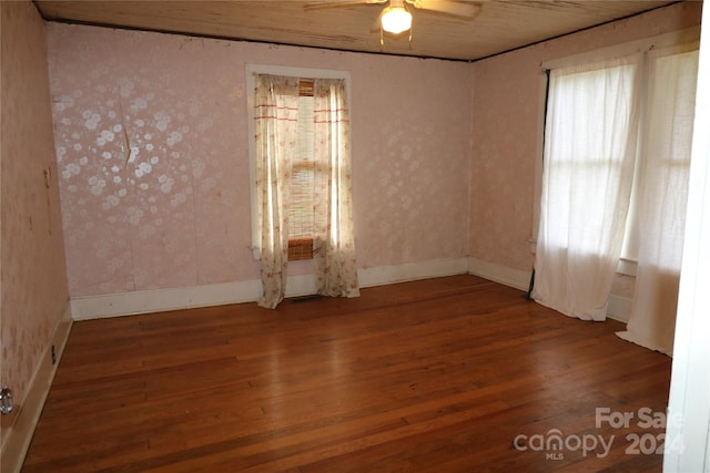 spare room with wood-type flooring and ceiling fan