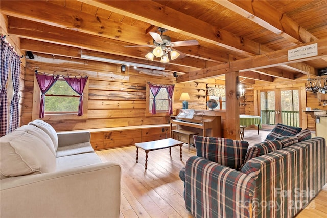 902 Coldwater Ct, Concord, NC 28025 - living area with wood walls, wood-type flooring, a wooden ceiling with exposed beams, and a ceiling fan