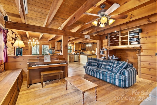 living room featuring beam ceiling, light hardwood / wood-style floors, wooden ceiling, and wood walls