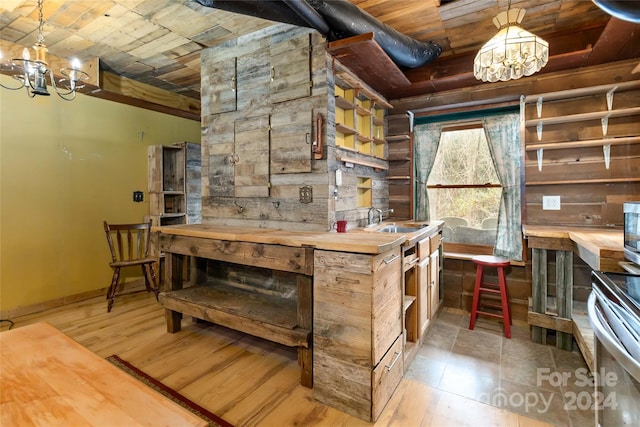 bar featuring wood counters, pendant lighting, and wooden ceiling