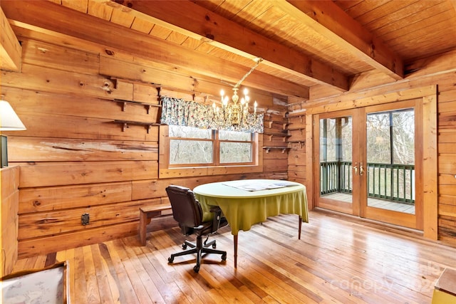 home office with beam ceiling, light wood-type flooring, wood ceiling, and wooden walls