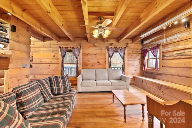 unfurnished living room with light hardwood / wood-style flooring, wooden ceiling, wooden walls, ceiling fan, and beam ceiling