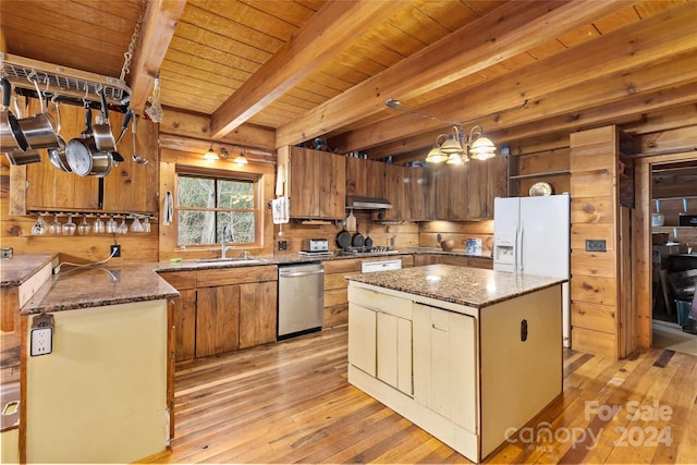 kitchen with wood ceiling, hanging light fixtures, a kitchen island, stainless steel appliances, and light hardwood / wood-style floors