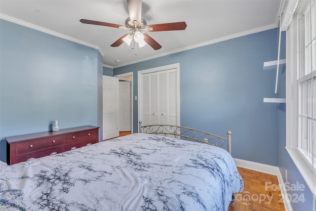 bedroom with multiple windows, ornamental molding, parquet floors, and ceiling fan