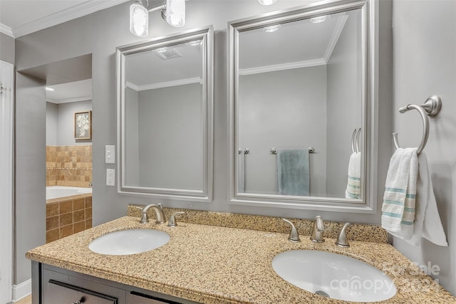 bathroom featuring crown molding, vanity, and a relaxing tiled tub